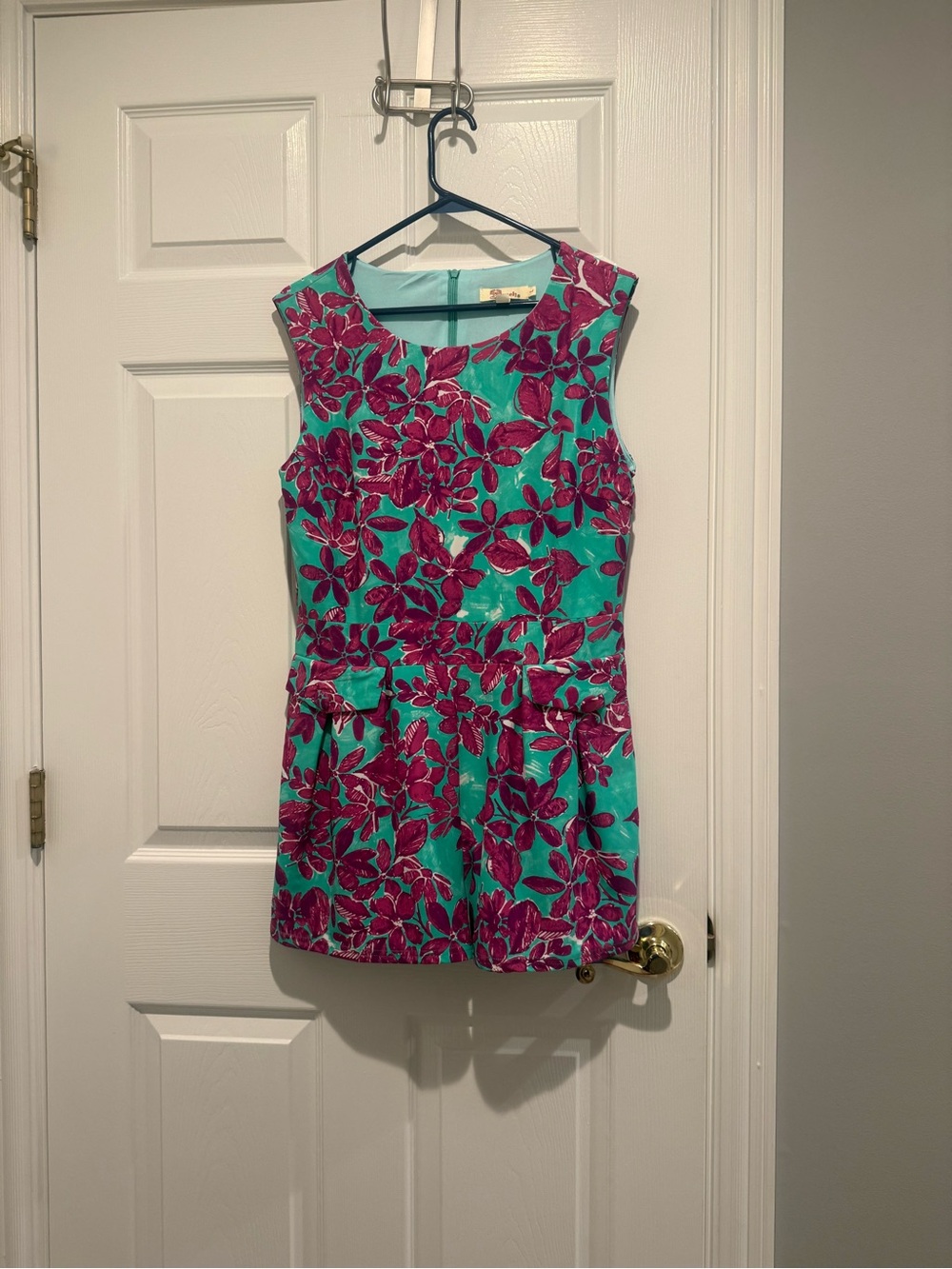 Aryeh Teal Mini Shorts Romper with Magenta Floral Print